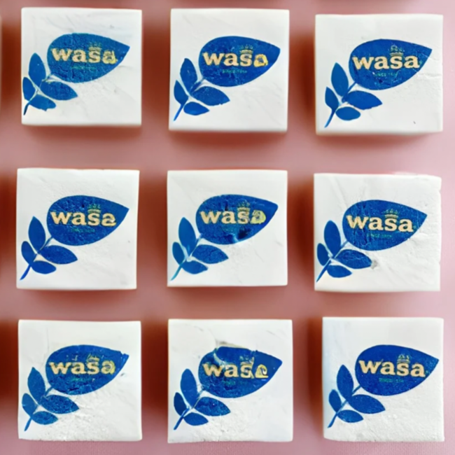 Grid of Wasa marshmallows with blue and white packaging on a pink background